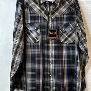Plains Men's Casual Plaid Button Down Shirt - Blue and Brown